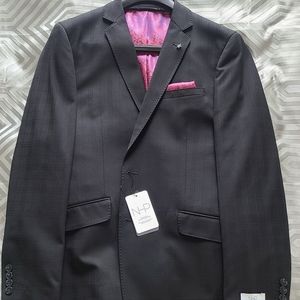 NHP Men's Checkered Black Blazer sz 42R, new, NWT, Burgundy pocket square